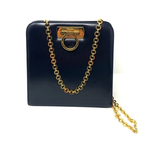 Salvatore Ferragamo Gancini Black Leather Shoulder Bag – Iconic Gold Logo - Picture 1 of 12